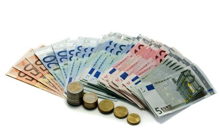 euro money paper and coins on ioalted whiteの写真素材