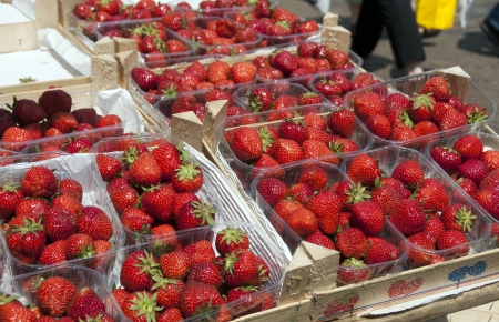 lot of red strawberries on the marketの写真素材