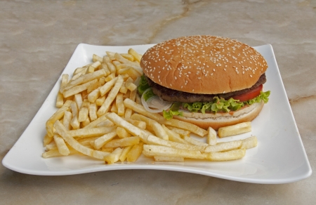 food plate with fries and hamburgerの写真素材