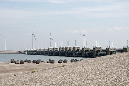 Storm surge barrier in The Netherlands, called the Neeltje Jans  After the hurrican Katrina the USA are very interested in this huge projectの写真素材
