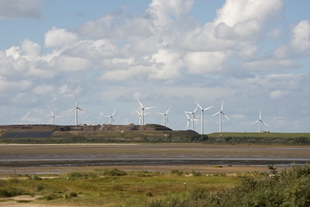 landscape with windmills in Holland near Rotterdam harbor