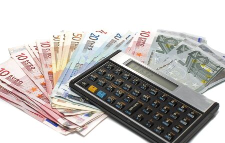 euro calculation with money isolated on whiteの写真素材