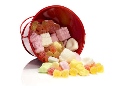 red bucket with candy for the childrens party sinterklaas in december in Hollandの写真素材