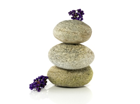 stones in balance with purple berriesの写真素材