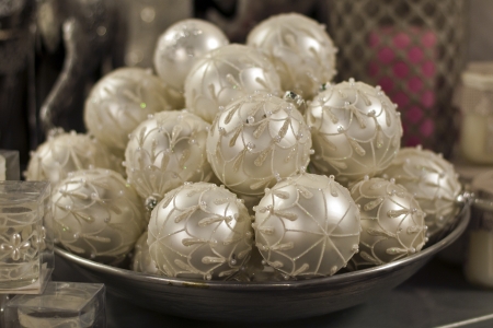 beautifull white christmas balls for decorationの写真素材