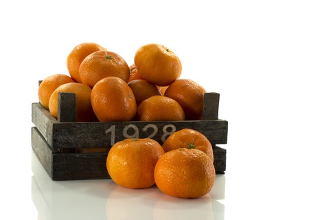 old wooden box with tangarine fruitの写真素材