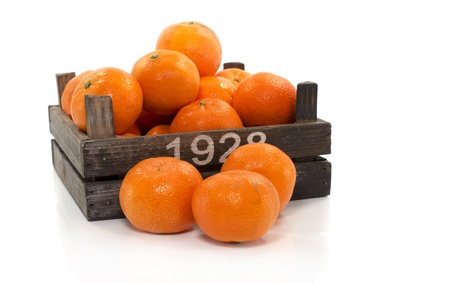 old wooden box with tangarine fruitの写真素材