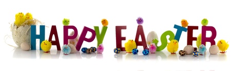 easter eggs and chicks with text on white backgroundの写真素材
