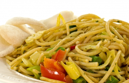 noodles and crackers asian dish on white backgroundの写真素材