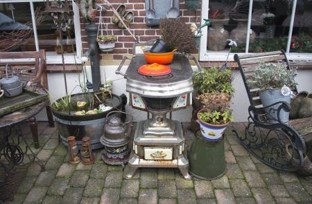 garden in holland with old tools and equipmentの写真素材