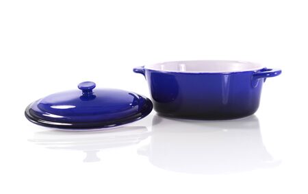 blue frying pan isolated on whiteの写真素材