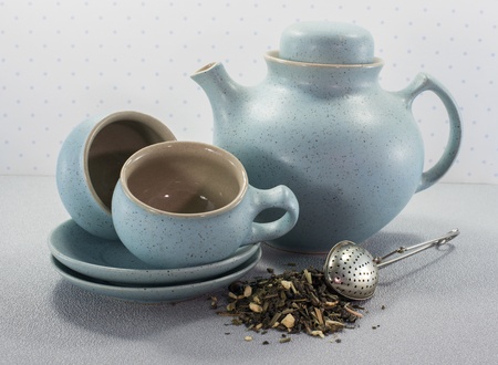 teacups tea and teapot with teaeggの写真素材