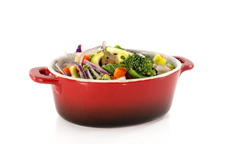 vegetarian food in red saucepanの写真素材