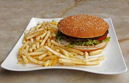 food plate with fries and hamburgerの写真素材