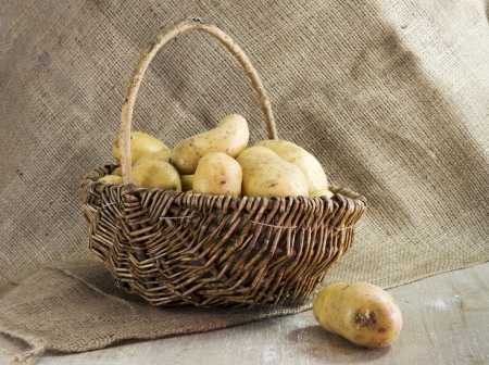 basket with potatoes  and jute backgroundの写真素材