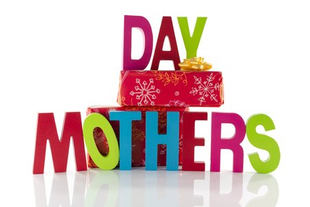 red presents and text mothers day isolated on whiteの写真素材