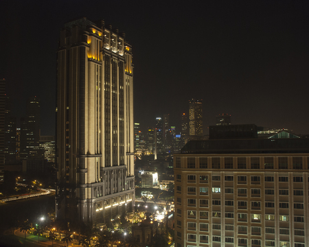 skyline singapore by night with big architecture and lights with palmtrees surrounding the buildingsのeditorial素材