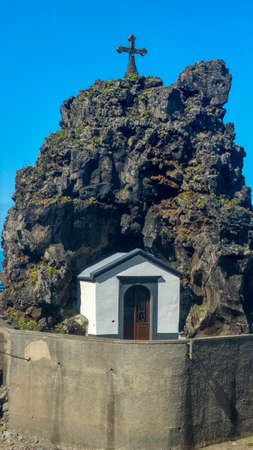 chapel and big rock in Sao vincente on madeira islandの写真素材