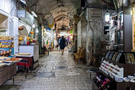 Jerusalem,Israel,27-march-2019: Market in Old city, The Muslim Quarter. Narrow street with ancient...
