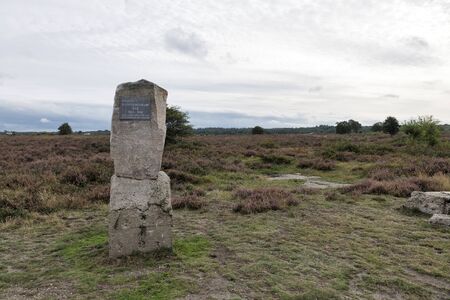 Ede,Holland,16-sept-2019:Eder Ginkel Heather, The Netherlands. Bobs boulevard the site of a Belgian refugee camp in the first world war. A glacial erratic marks the spot.のeditorial素材