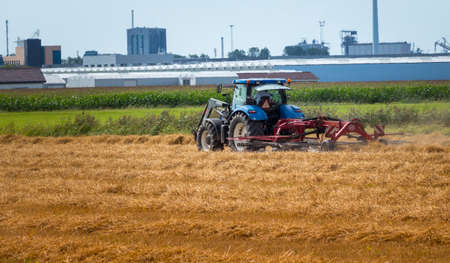 Maassluis,Holland,19-aug-2020:Farmer on tractor cutting hay in farm field in maassluis, a village in...