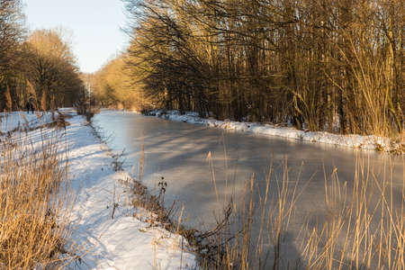 Winter with snow in the Waterloopbos, a forest where old scale models of waterworks can be found with a river and forestの写真素材