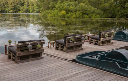 wooden benches with waterview
