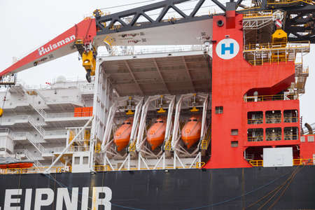 lifeboats of one of the biggest crane vessels in the worldのeditorial素材