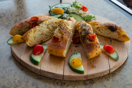 lunch with foccacia in a restaurantの写真素材