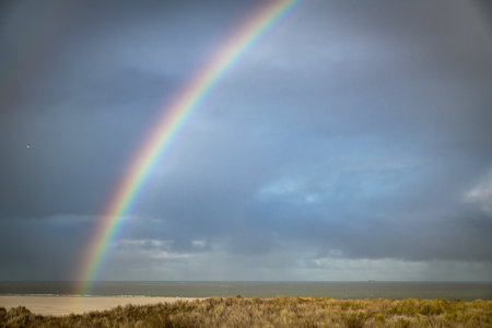 rain and sun and the rainbow over the beachの写真素材