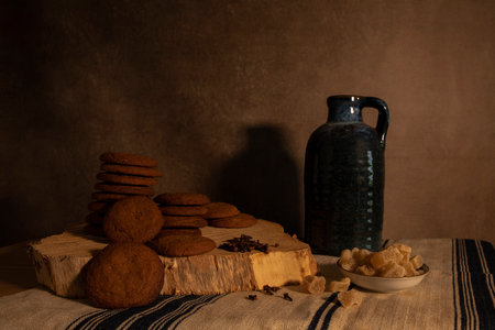 freshly baked cooking on a wooden board with cloves and gingerの写真素材