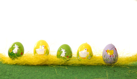 decoration of easter eggs at white backgroundの写真素材
