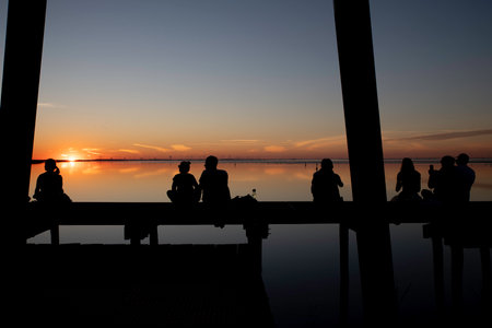 sunset at the bird watching kiekkaaste at the Dollard in Groningenのeditorial素材