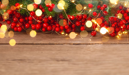 christmas banner with red and green and yellow lights with copy spaceの素材