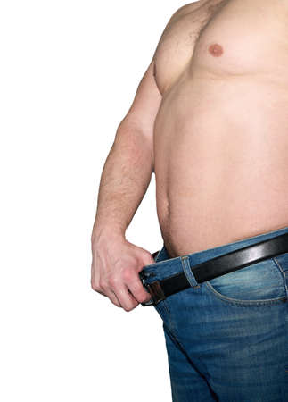 Fat bald man belly isolated on white backgroundの写真素材