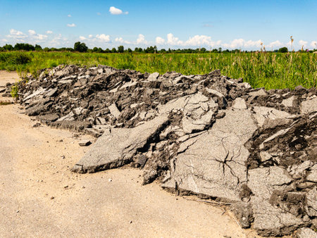 Asphalt remnants by a rural path create a picturesque scene under a clear blue sky with lush greeneryの写真素材