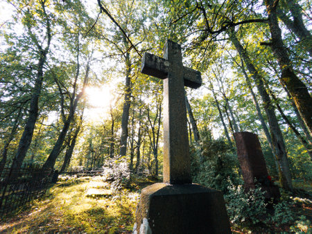 A peaceful graveyard with a cross, vibrant green trees, and gentle sunlight, creating a tranquil atmosphereの写真素材