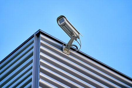 Outdoor security camera installed on the building wall in the city against blue sky