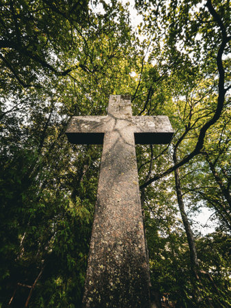 A weathered stone cross stands proudly amidst lush greenery, creating a serene and peaceful atmosphereの写真素材