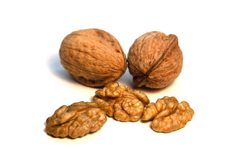 Walnuts in a shell and without it on a white background