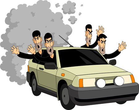 Caucasian males riding on an old carのイラスト素材