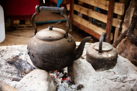 black kettle on charcoalの写真素材