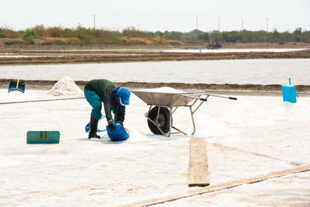 People working in the salt fieldの写真素材