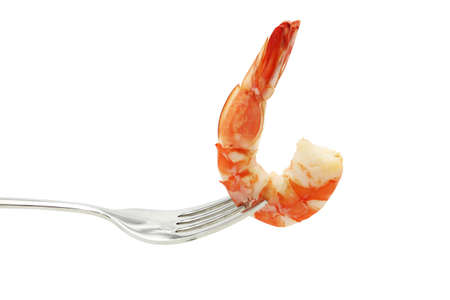 Shrimp on fork isolated on white backgroundの写真素材
