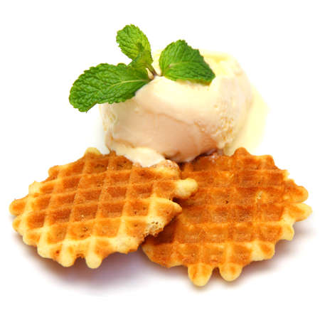Waffle with ice cream isolated on white backgroundの写真素材