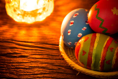 Easter eggs on basketの写真素材