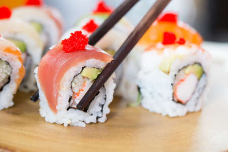 Sushi set and chopsticks, Japanese foodの写真素材