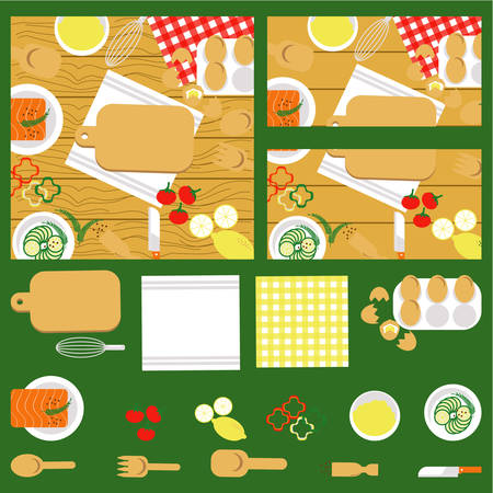 Food and cooking banner set with kitchenware utensils, spices and vegetables on wood table. top viewのイラスト素材