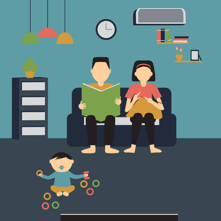 Family in home, Father reading the newspaper, Mother Sewing, Son playing toysのイラスト素材