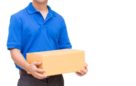 Delivery man holding a parcel box on white background